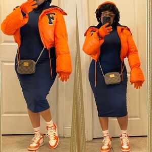 Orange Puffer Jacket with Navy Detail